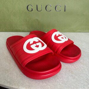 GUCCI 780296 Red Rubber Men's GG Sandals, sz Gucci 6, 12